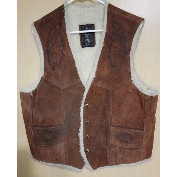 Vintage Suede Leather Sherpa Lined Vest with Embossed Horse Back Western XLarge - Picture 2 of 8